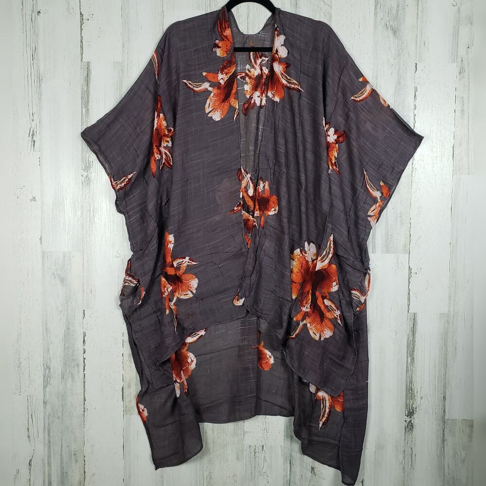 New Gray Floral Print Open Front Boho Flower Lightweight Kimono Women's One Size